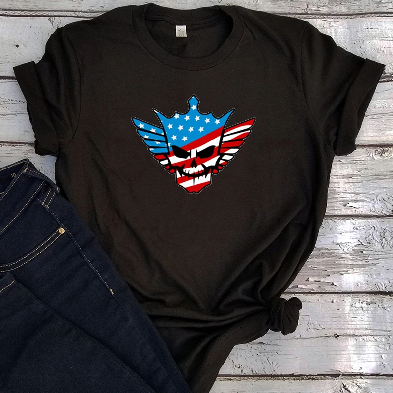 

American Flag Skull Harajuku Shirt Casual Print O-Neck Japanese Tee Print Graphic Tees Women Plus Size Korean 90s