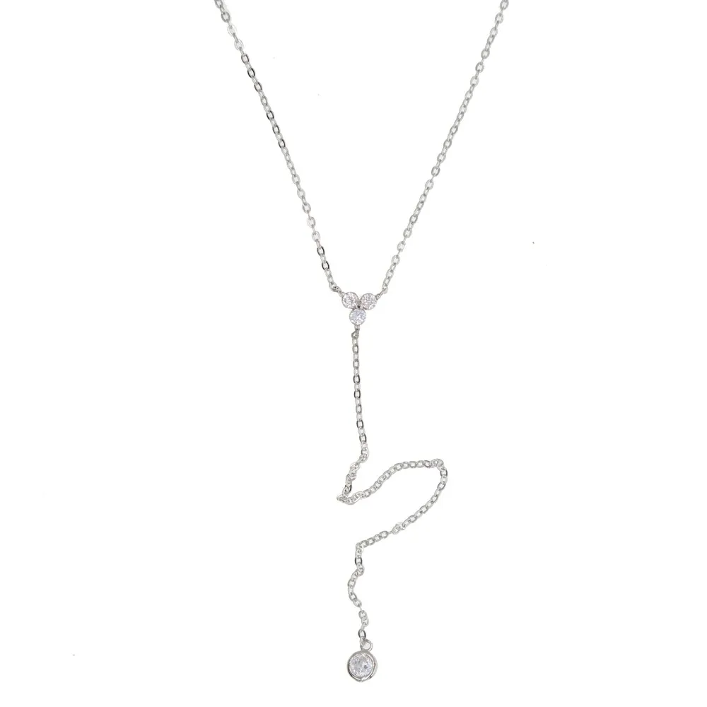 2020 925 Sterling silver simple long chain lariat necklace triangle round cz charm Y shaped minimal deilcate dainty women style