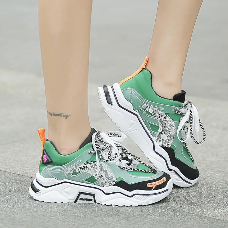 

Large size new women's shoes 2020 breathable retro Transparent autumn mesh thick bottom round toe colored casual female sneakers