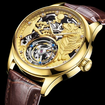 

Twelve Constellations Tiger Mechanical Automatic Watch Men 100% Real Tourbillon Luxury Rhinestone Gold Watches Relogio Masculino