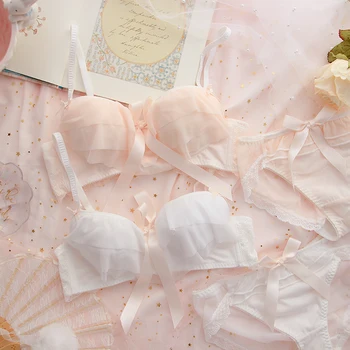 

Peach Sister Japanese Lovely Soft Girls Push-Ups Bra & Brief Sets Fairy Sexy Lolita Bowknot Wireless Underwear Set Student