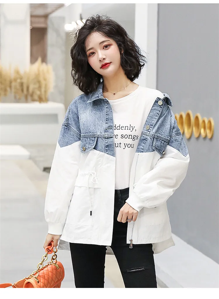 Mulheres Retalhos Denim Jaqueta Color Drawstring Coat 2021 Primavera Outono Nova Moda Splice Blusão Jeans Feminino H184 Hit 2 Mulheres retalhos denim jaqueta hit color drawstring