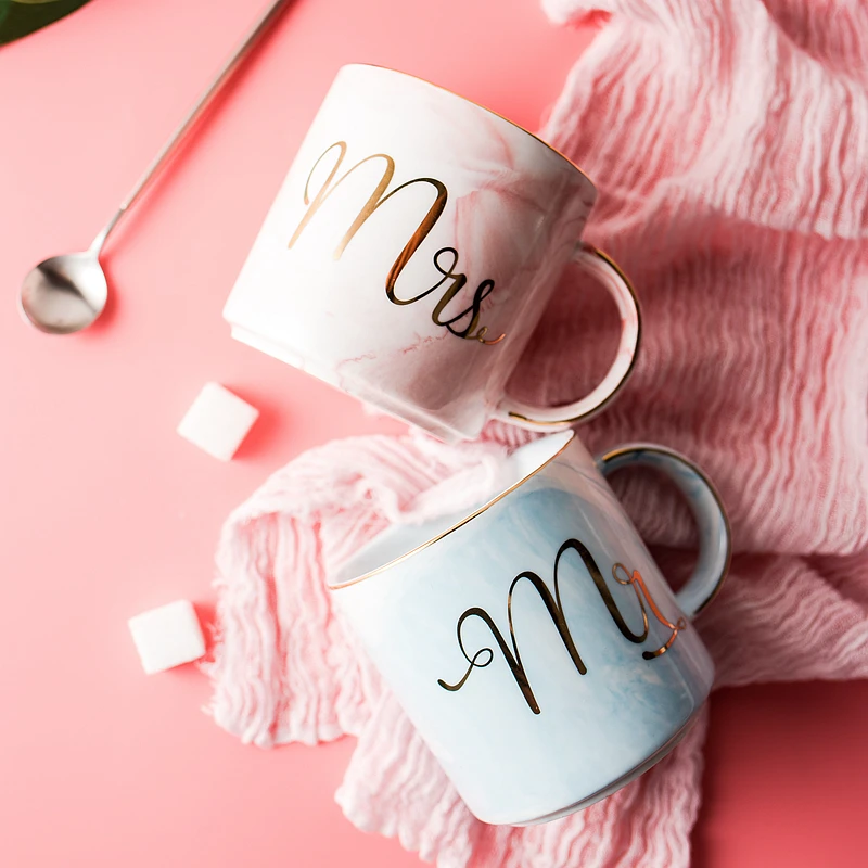 

Luxury Marble Ceramic Mugs Gold Plating MRS MR Couple Lover's Gift Morning Mug Milk Coffee Tea Breakfast Cup Wedding decoration