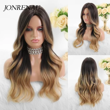 

JONRENAU Long Dark Brown With Blonde Highlight Natural Wavy Wig Cosplay Party Daily Synthetic Wig for Women