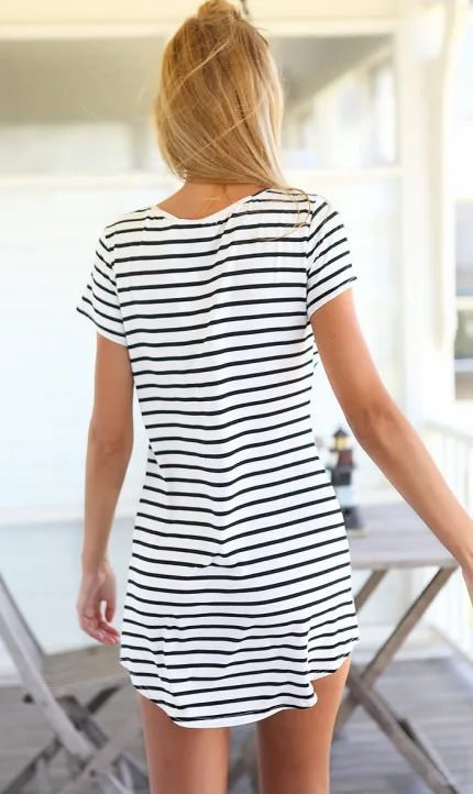 Women's striped sea soul rest leisurely waist round neck dovetail short-sleeved dress summer dresses