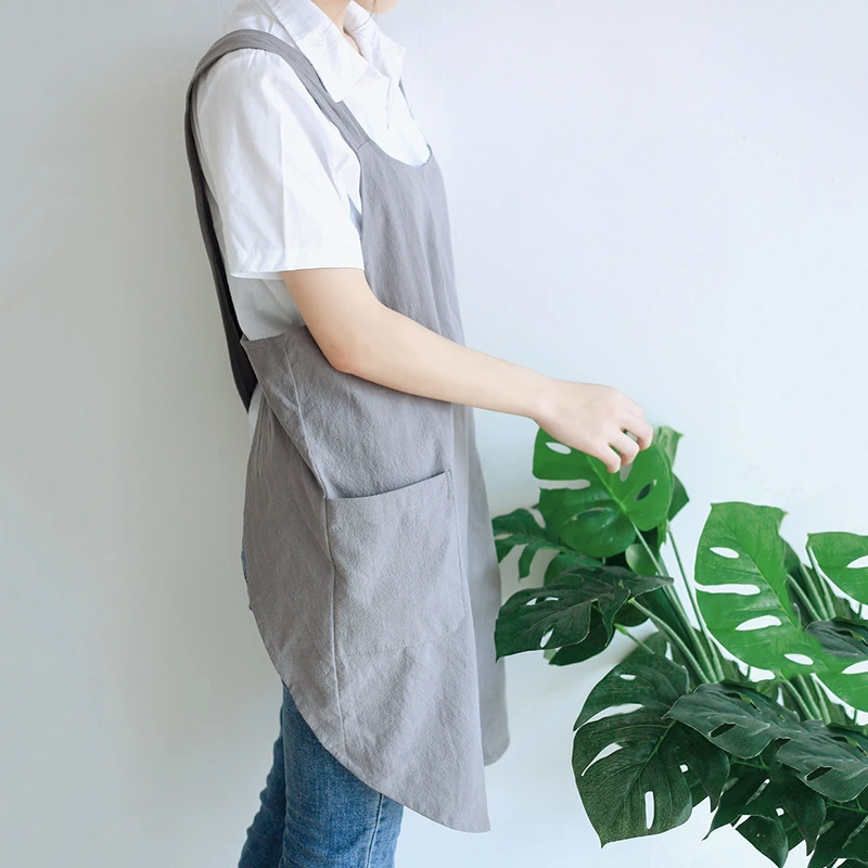 Florist Working Apron Waterproof Women Cotton Linen Cross Back Apron Japanese Housework Kitchen Cooking Double Pocket Apron