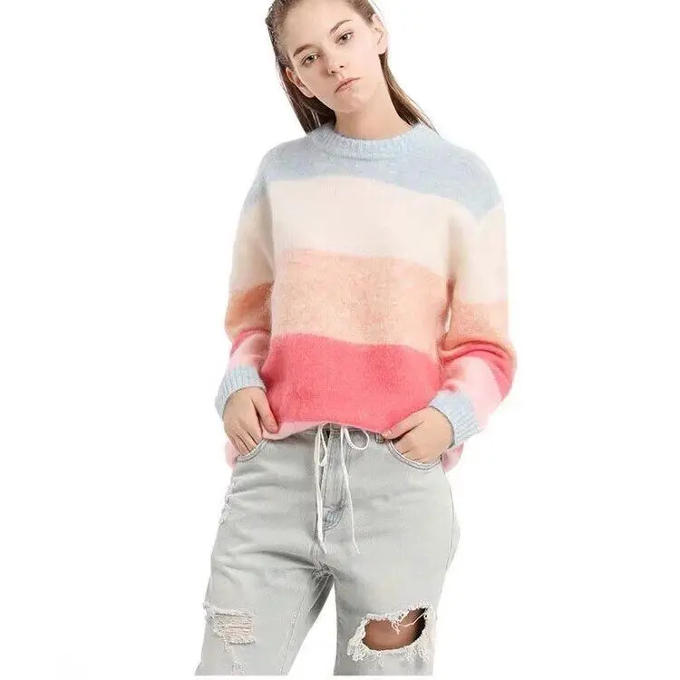 

Women's Autumn Winter Mohair Candy Colourful Stripes Pink Sweet Loose Pullover