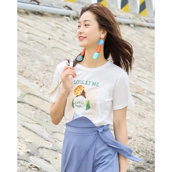 

IEF Spring Summer Simple Fashion O Neck Cartoon Print Letter Short Sleeves Loose Pure Color 0322K-D9283-
