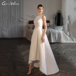 Elegant Modern Satin A Line Wedding Dress Tea-length Sleeveless Bride Dresses Open Back O Neck Bridal Gowns Vestidos De Novia