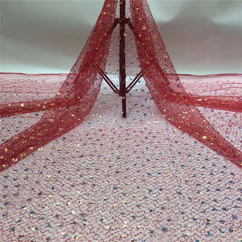 

French Net Lace Fabric 2020 Multicolor sequins african guipure lace fabric with embroidery mesh tulle cord red ace fabric(ZZ-3