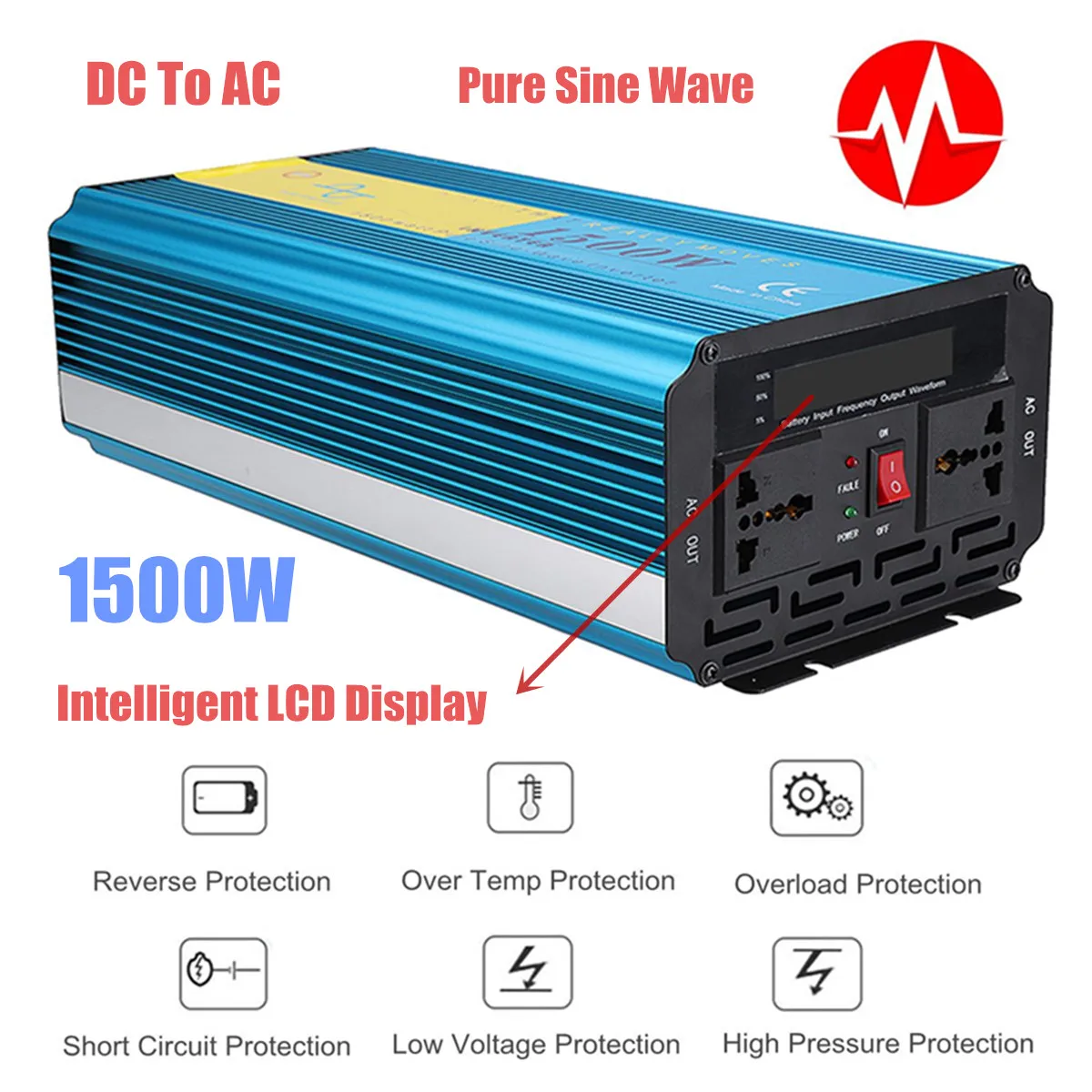 

1500W Car Inverter Pure Sine Wave Truck Converter LCD Solar Energy PowerSupply Inverter Pure Sine Converter DC 12V To AC 240V