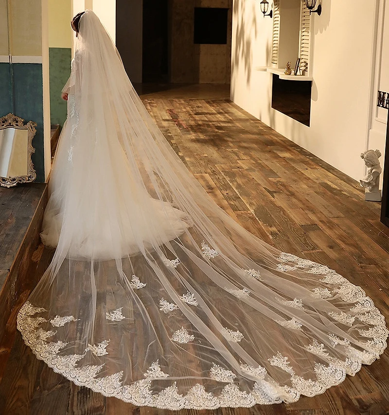 White Ivory Wedding Veil 3M Cathedral Rhinestones Bead Bridal Veil In Stock+Comb 