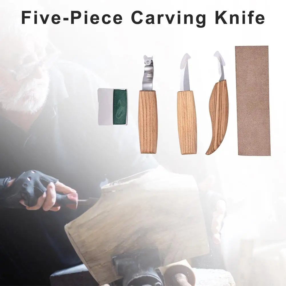 

5 Pcs/Set Timber Carving Tools Kit Leather Strop Polishing Compound Three Blades Complete Carving Set For Timber Working