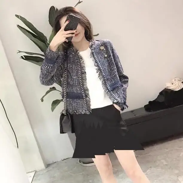 

2019 Autumn Winter Small Fragrant Tweed Jacket Coat Women Cardigan Long Sleeve Tassels Fringed Short Jacket Outwear DF246