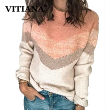 VITIANA, повседневный вязаный женский свитер, осень, пуловер с длинным рукавом, вязанные свитера, Femme, в полоску, элегантная свободная зимняя одежда