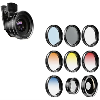 

APEXEL 9 in 1 37mm Gradient Filter Lens Kit 0.45X Wide+15X Macro Lens Gradual Blue Red Color Filter+CPL+ND+Star Filter for Phone