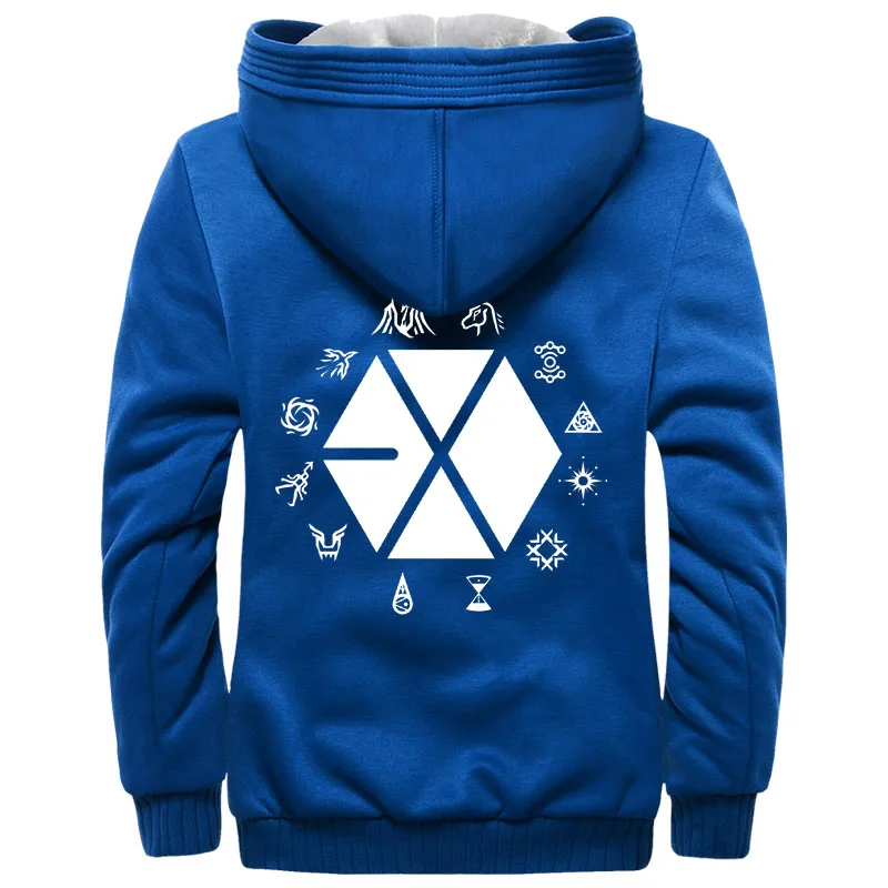 Мужские Фланелевые пальто EXO на молнии с капюшоном, зимние теплые хлопковые стеганые куртки EXO Planet, повседневные толстовки - Цвет: Blue