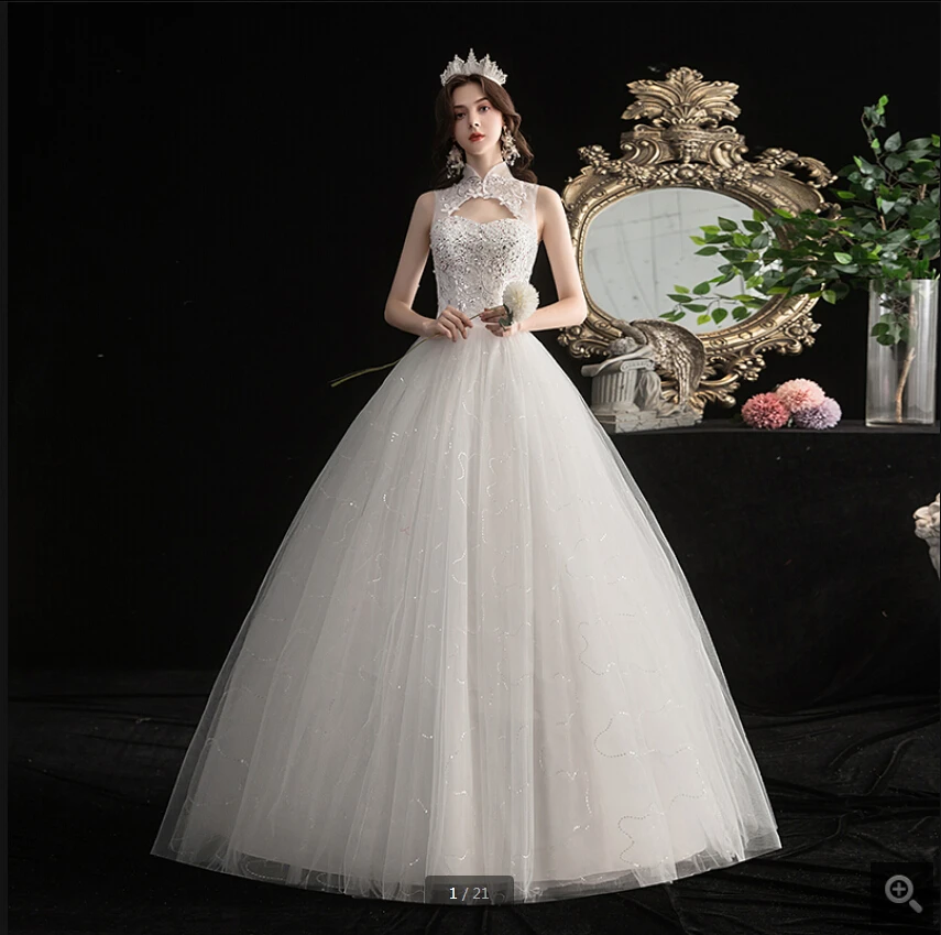 

2020 free shipping ball gown white lace appliques wedding dress beaded high neckline hollow back sexy corset formal wedding gown