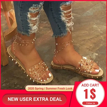 

Transparent pvc Shoes Women Summer Footwear Rivet Flat Sandals Ladies Large Size Womens Opn Toe Jelly Plastic Shoes Sandalias