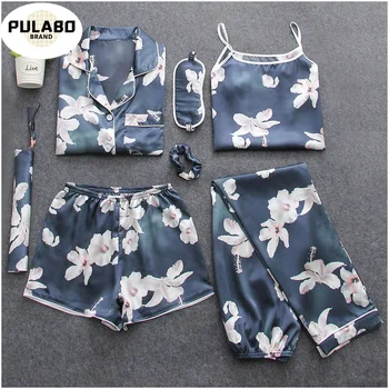 

7 Pieces Womens Silk Satin Pajamas Sets Pyjamas Set Sleepwear Pijama Pajamas Suit Female Sleep Two Piece Set Loungewear