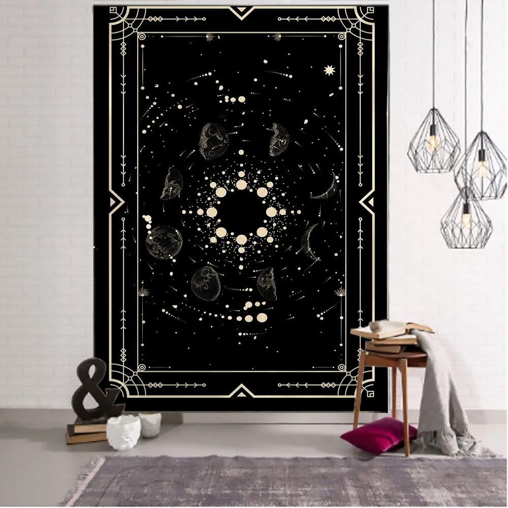 Tapestry Decor Golden Black Sun Moon Tarot Mandala Tapestry Wall Hanging Witchcraft Hippie Wall Carpets Dorm Decor Psychedelic Tapestry