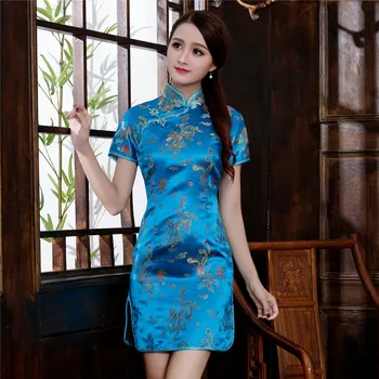 

Blue Vintage Button Cheongsam Qipao Lady Satin Oriental Stage Show Clothing Mandarin Collar Chinese Dress Elegant Slim Vestidos