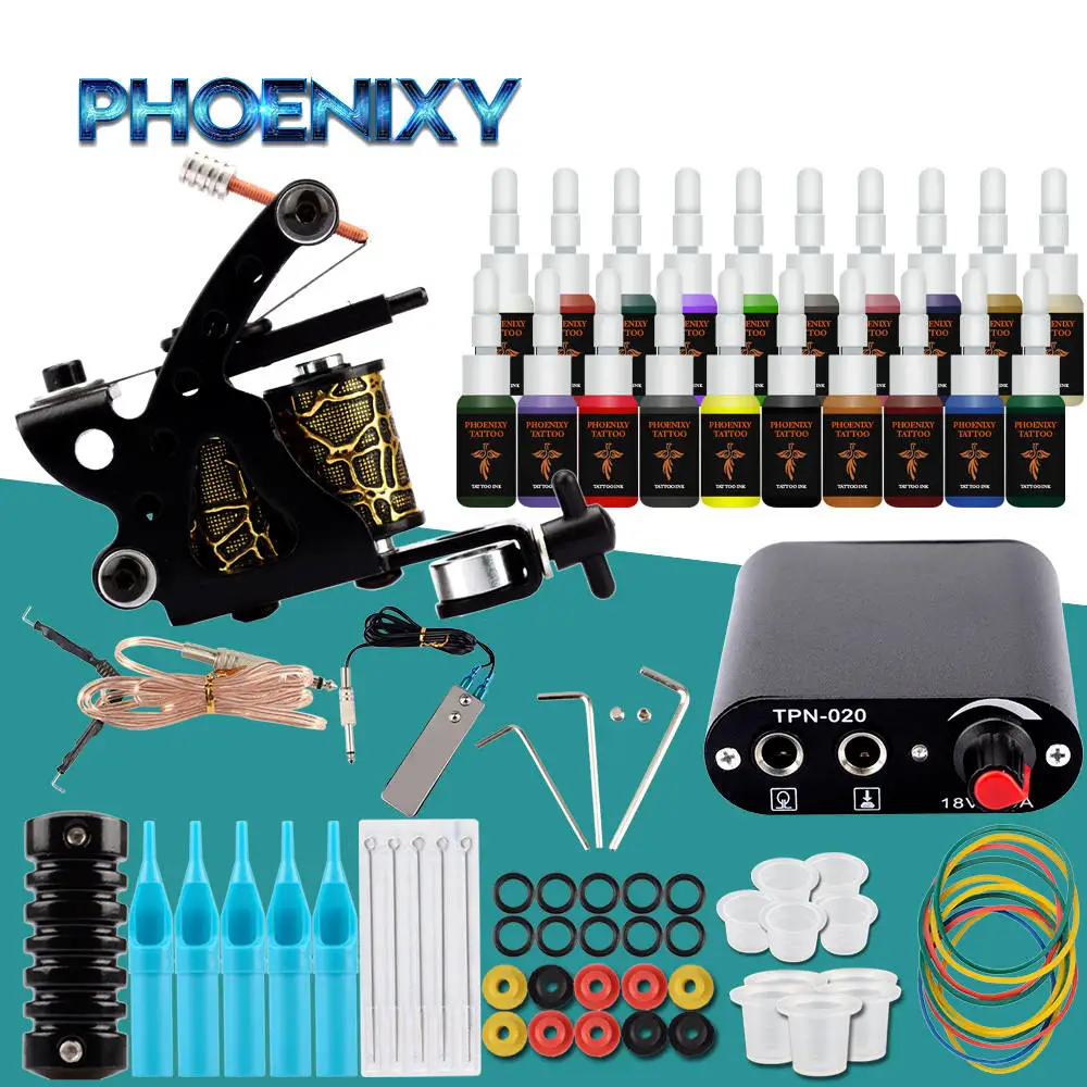 Beste Gestart Tattoo Kit 8 Wrap Coils Tattoo Machine Gun Set 20 Stuks Pigment Inkt Permanente Make Up Voeding Compleet Tattoo set