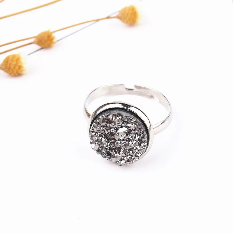 Fashion Stone Geode Quartz Crystal Cuff Rings Round Drusy Druzy Resin Ring Silver Plated Rings For Women Accessories Jewelry (6)