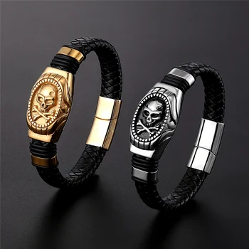 Rebel Refined - Skull Leather Bracelet with a Golden Edge