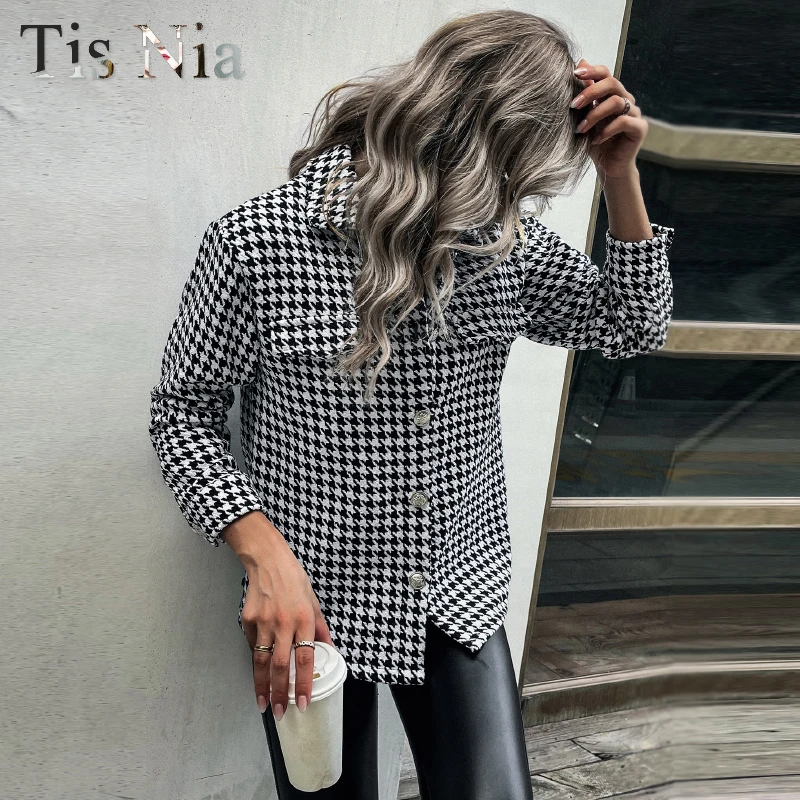 Women's Houndstooth Jacket Black and White Check Wool Jacket Lapel Long