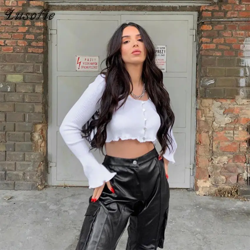 Lusofie 2020 new Women Button-Vest fashion short Tops thin slim Sweater long Sleeve Tank-Top stretchy Ladies knitted T Shirts