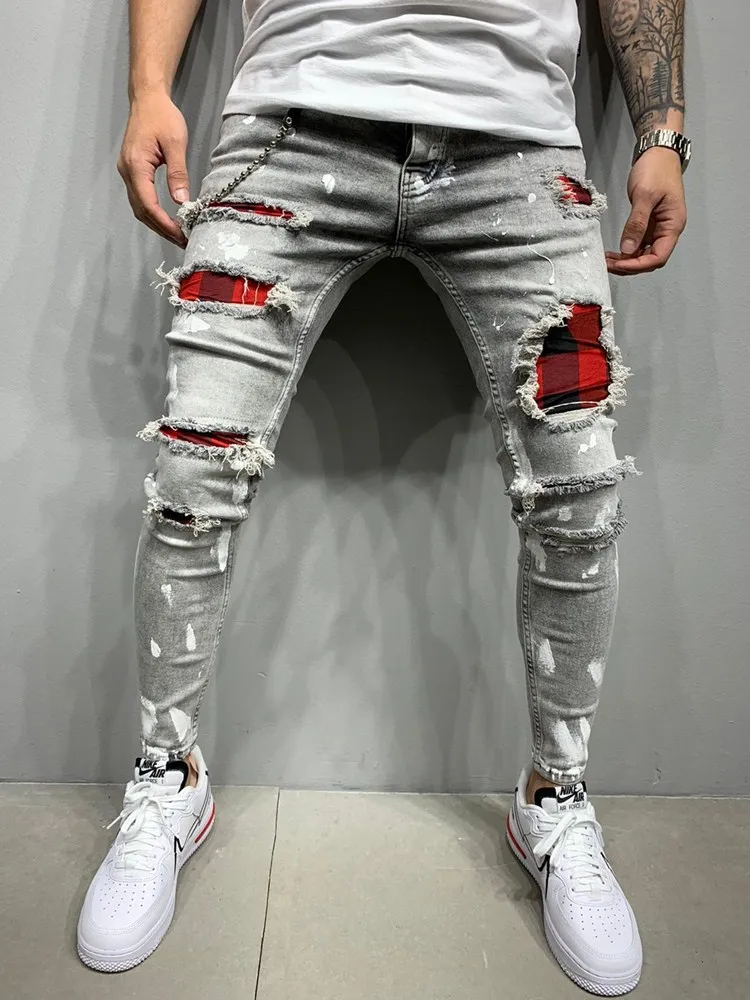 Men's Skinny Ripped Jeans Plaid Patchwork Denim Trousers Hip-Hop Print Jogging Pencil High Quality Denim Men Pants