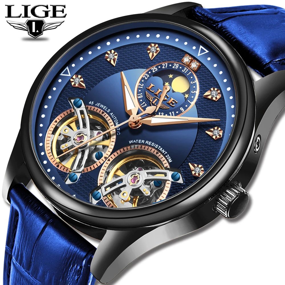 

2020 LIGE Brand Mens Watches Automatic Mechanical Watch Tourbillon Clock Leather Casual Business Retro Wristwatch Relojes Hombre