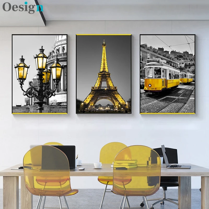 

Nordic Landscape Poster And Print Yellow Pari Tower Street Light Tram Canvas Art Picture Black and White Cuadros Decoracion