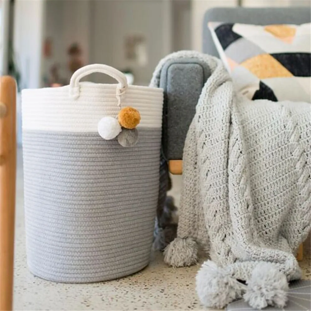INS новая хлопчатобумажная веревка тканая корзина для белья с помпонами украшения