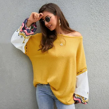 

Sweater Women Simple Lantern Sleeve Knit Stitching Embroidery Lace Fashion Autumn Loose Round Neck Female Sweater