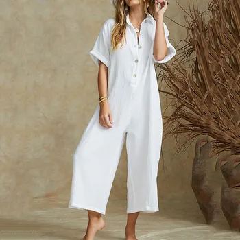 

Solid Color Linen Long Jumpsuit Women Spring Summer Short Sleeve Office Ladies Causal Loose Rompers Plus Size Playsuit 4 Colors