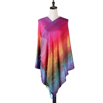 

Long Protective Multifunctional Autumn Winter Jacquard Weave Women Scarf Rainbow Color Easy Clean Warm Soft Daily Ethnic Style