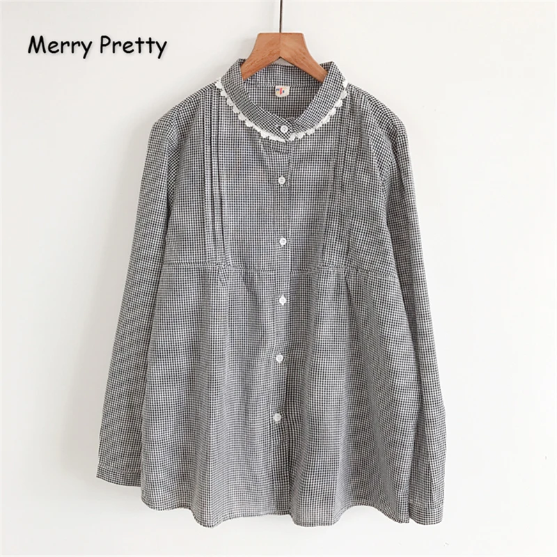 Merry Pretty, хлопковые винтажные Женские клетчатые лоскутные блузки,, осенние Рубашки с длинным рукавом и воротником мандарин, топы и блузки