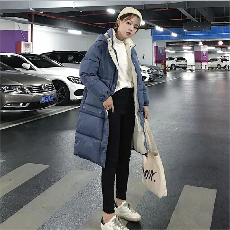 

color-matching jacket mid-length hooded large pockets thick warm warm down cotton jacket loose casual female winter parka coat