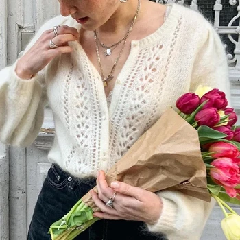 

2020 spring summer new Delicate Hollow out long sleeve o-neck mohair women cardigan sweater coat top