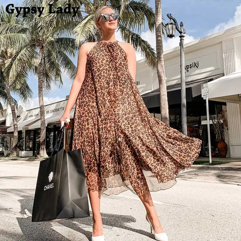 Gypsylady cheetah летнее платье с круглым вырезом Платье Бохо без рукавов леопардовое платье с поясом женское праздничное платье