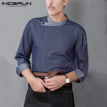 

INCERUN Unisex Chef Uniform Kitchen Restaurant Chef Jackets Patchwork 3/4 Sleeve Food Service Cook Shirt Men Work Clothes S-5XL