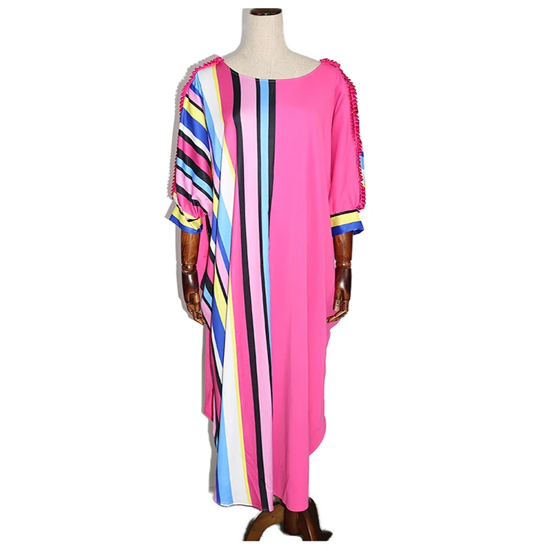 Весенне-летняя африканская одежда для женщин, Длинные Эластичные Макси платья в полоску с принтом Базен Дашики, платье для леди - Цвет: Розовый