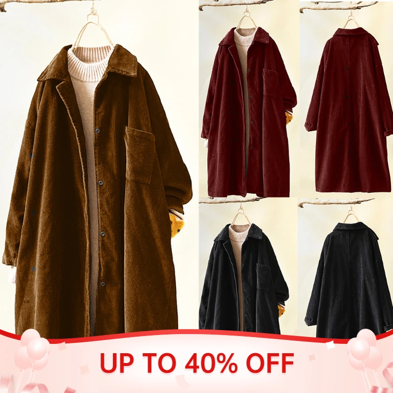 Chaqueta informal de pana para mujer, abrigos Vintage de manga larga con botones de Color liso, talla grande, botón señora