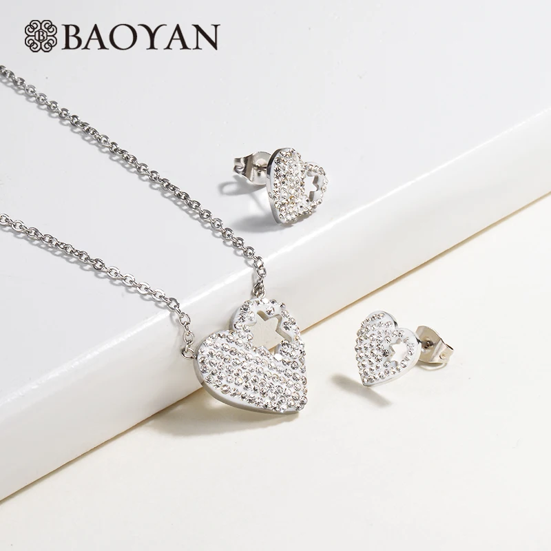 Baoyan, стразы, сердце, ювелирные наборы, золото/серебро, нержавеющая сталь, Свадебные Ювелирные наборы, опт, циркониевые Ювелирные наборы для женщин - Окраска металла: Silver