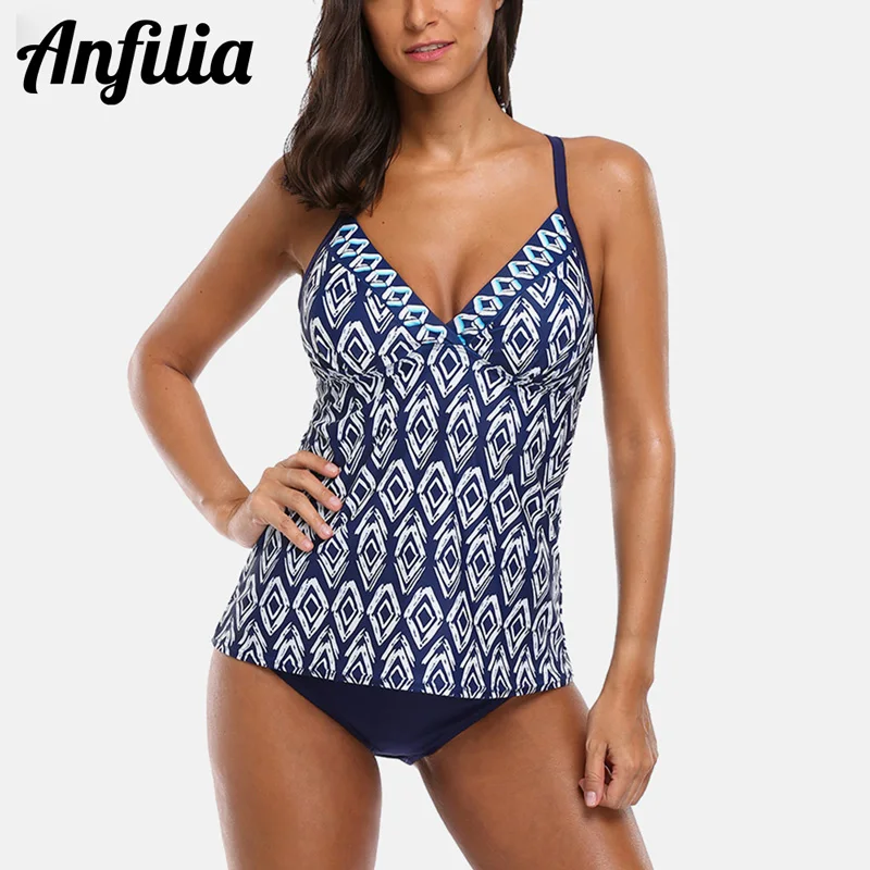 

Anfilia Women Halter Tankini Set Two-piece Swimsuit Vintage Floral Printed Swimwear Push Up Sexy Bikini Hollow Back Bathing Suit