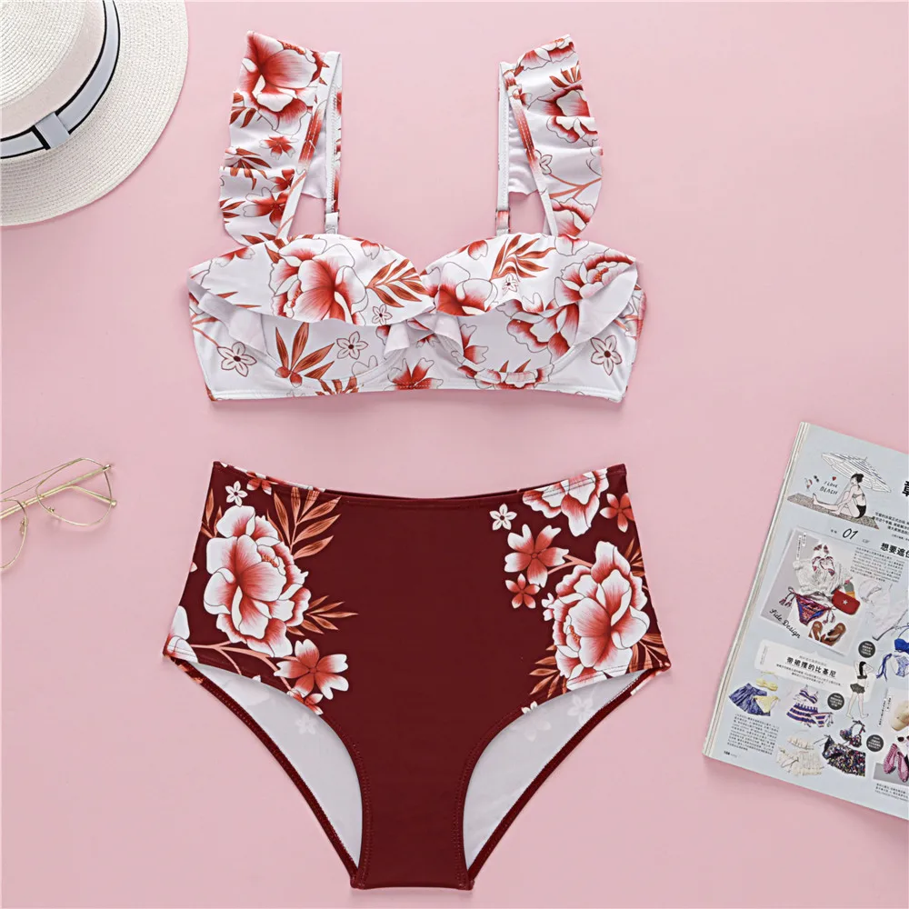 

Floral High Waist Bikini Push Up Underwired Swimsuit Women Ruffle Bathing Suit Adjustablle Straps Summer Wear Bandeau Beach Wear