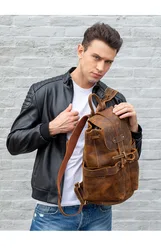 Retro Leather Backpack Man Outdoor Travel Crazy Horse Leather Backpack Large Capacity 14 