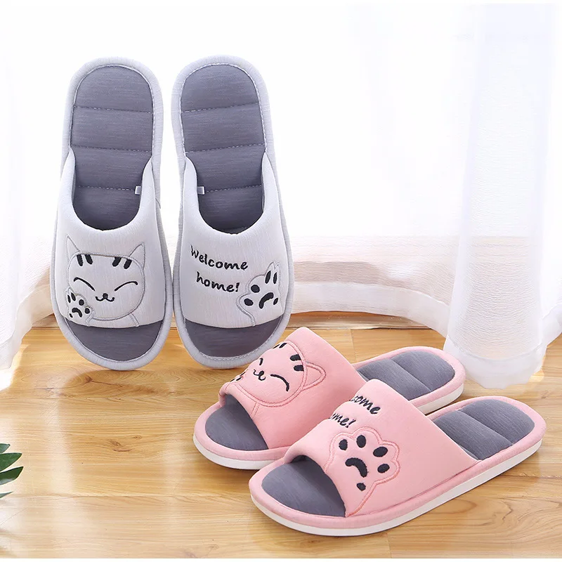 Женские мягкие домашние тапочки с котом на плоской подошве; хлопковая зимняя теплая Женская модная домашняя обувь; удобная женская домашняя обувь для пары